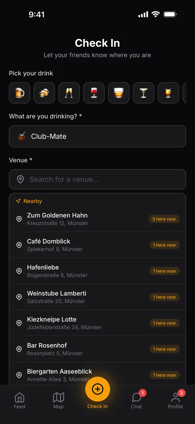 Check-in screen with a drink picker and nearby venues