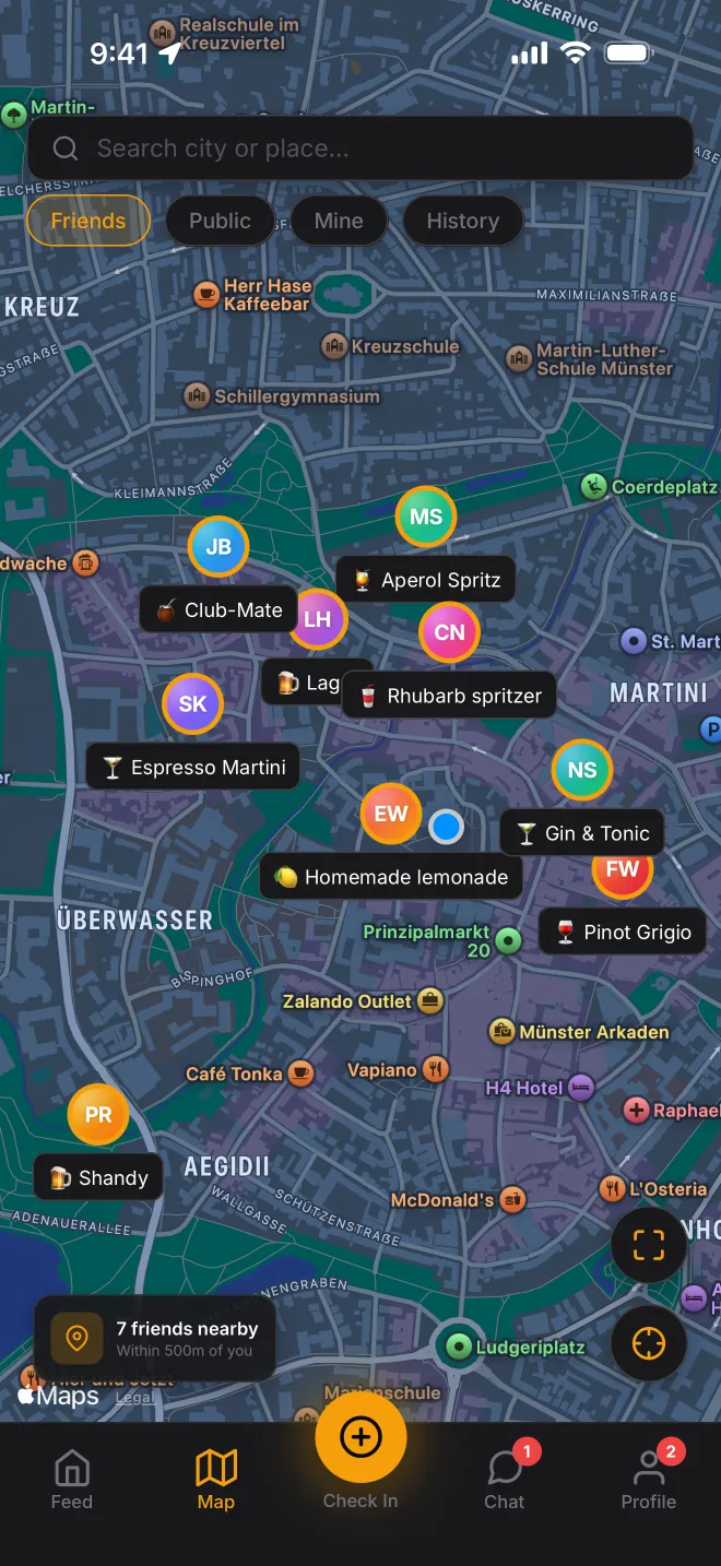 Live map with friends' check-ins at bars around town